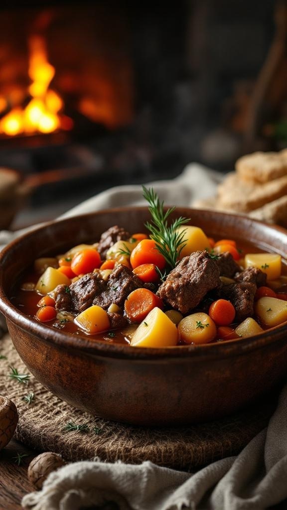 A warm bowl of hearty beef stew with carrots and potatoes, sitting by a cozy fire.