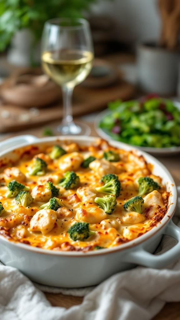 A delicious chicken and broccoli casserole with melted cheese, served with a glass of white wine and a fresh salad.