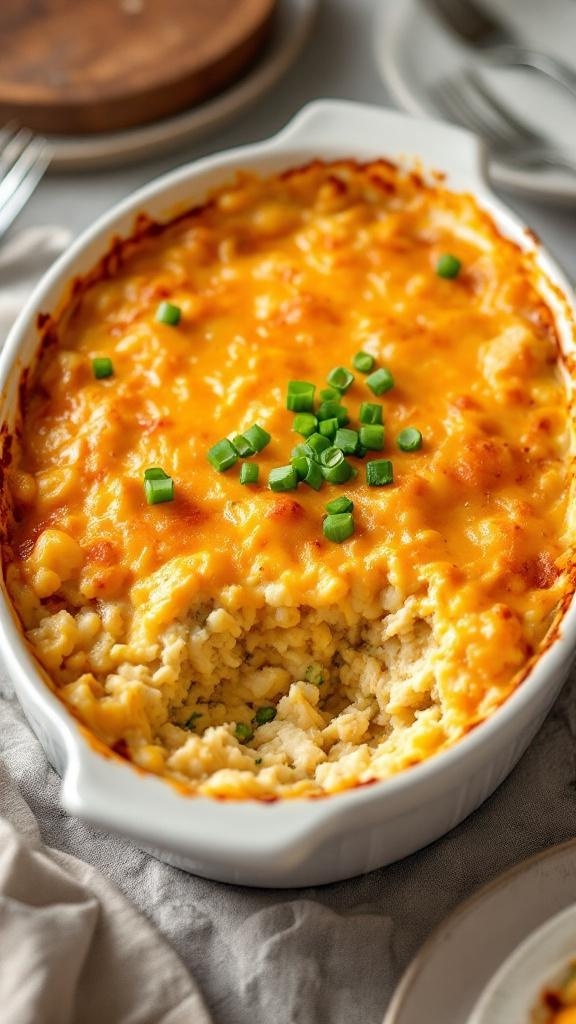 A delicious chicken and rice casserole topped with melted cheese and garnished with green onions.