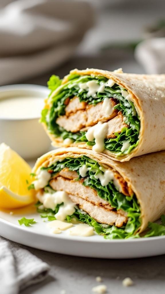 Hearty Chicken Caesar Wraps with lettuce and chicken in a tortilla
