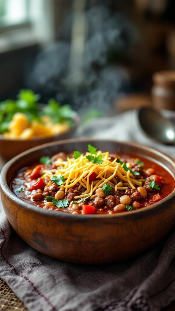 A bowl of hearty beef chili topped with cheese and cilantro, with a side of cornbread.