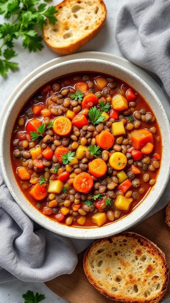 A bowl of hearty lentil and vegetable stew with colorful carrots, potatoes, and lentils, garnished with fresh herbs, served with slices of toasted bread.