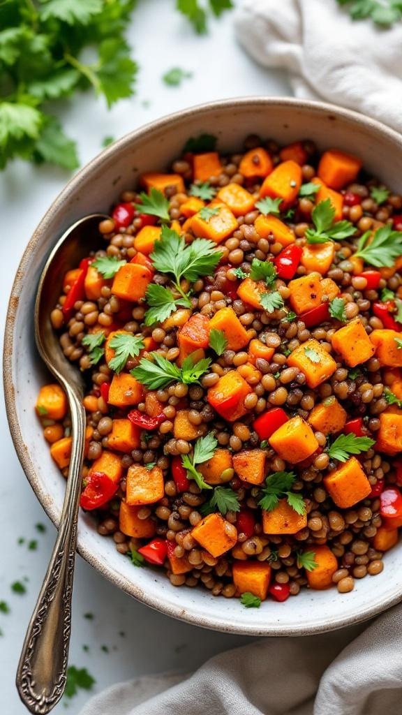 A bowl of hearty lentil salad with roasted sweet potatoes and red bell peppers, garnished with fresh parsley.