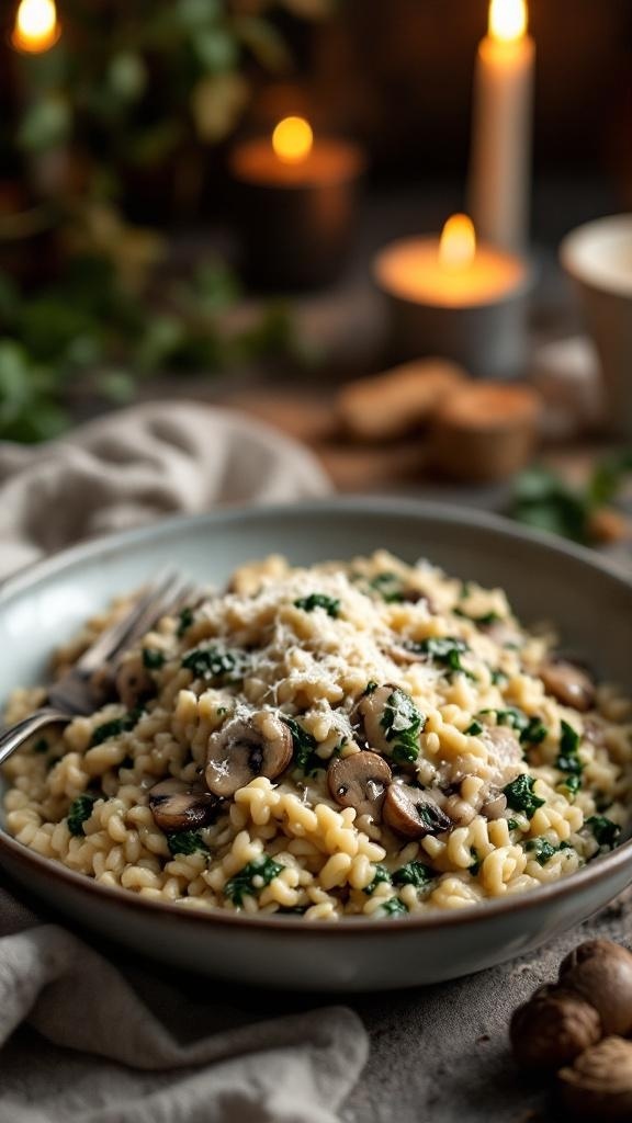 A bowl of creamy mushroom and spinach risotto with grated cheese on top, surrounded by candles and greenery.