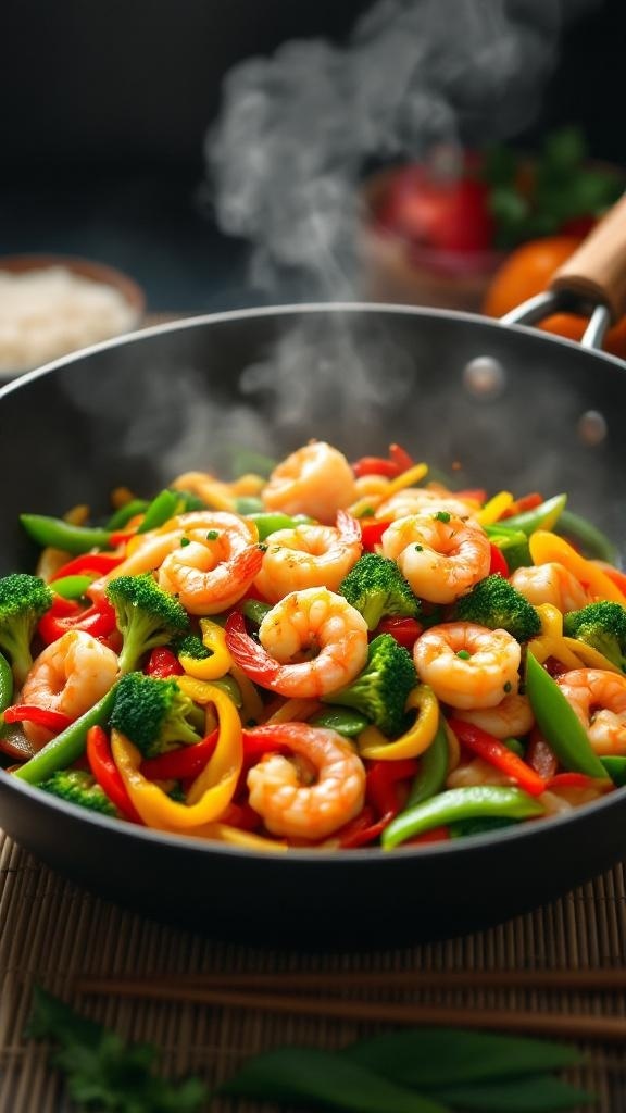 A colorful shrimp stir-fry with broccoli, bell peppers, and snap peas in a skillet.