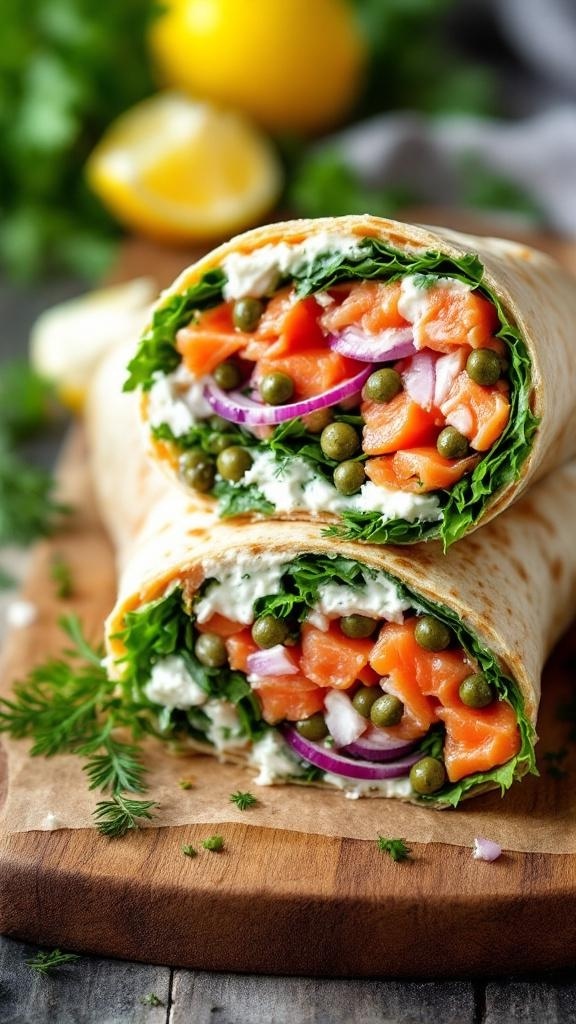 A smoked salmon and cream cheese wrap filled with greens, capers, and red onion, displayed on a wooden board.