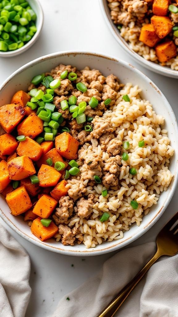 A hearty turkey and brown rice bowl with sweet potatoes and green onions