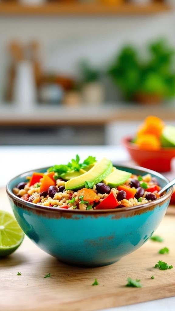 A bowl of hearty vegetarian chili with quinoa, black beans, and colorful veggies, garnished with avocado and cilantro.