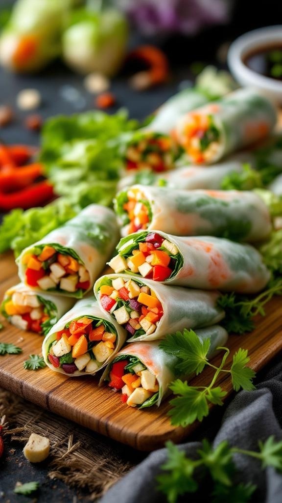 Hearty vegetarian spring rolls filled with colorful vegetables, arranged on a wooden board.