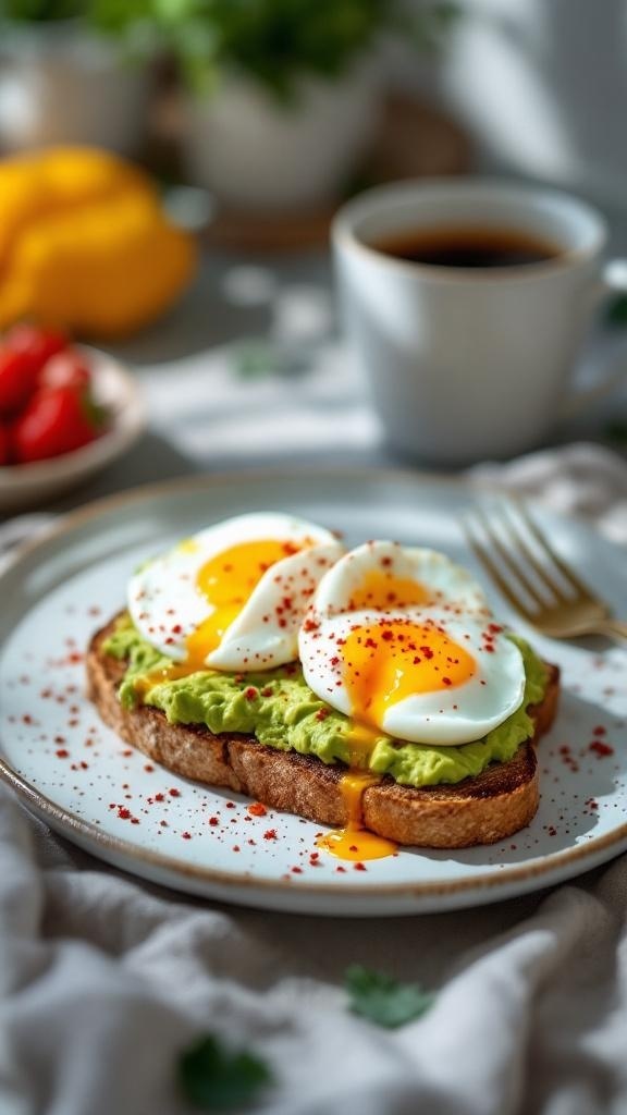 Hearty whole grain toast topped with avocado and soft-boiled eggs, garnished with red pepper flakes, served with coffee.