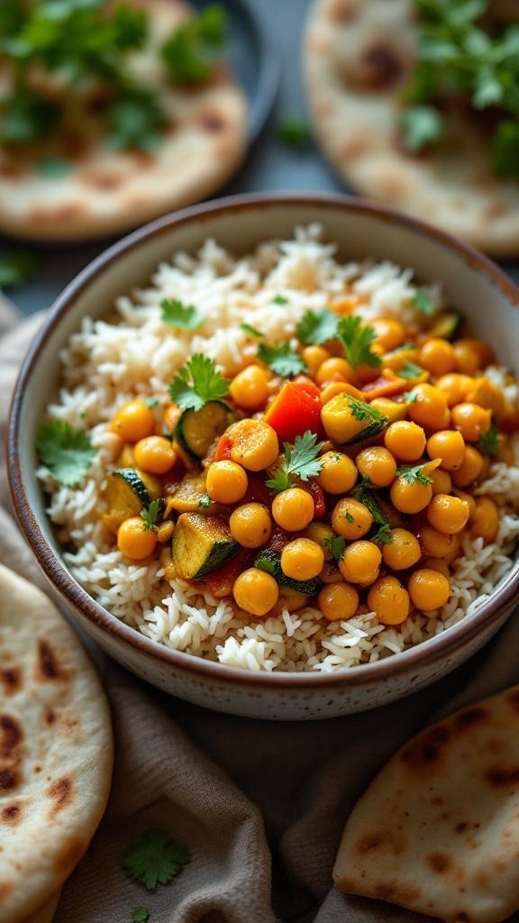 A bowl of hearty zucchini and chickpea curry served over rice, garnished with cilantro, with naan on the side.