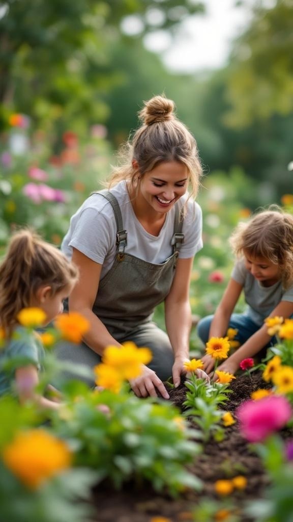 A woman gardening with two children, planting flowers in a colorful garden.