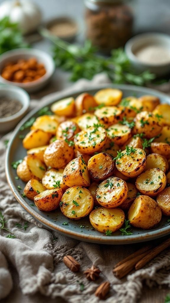 A plate of garlic herb roasted potatoes garnished with fresh herbs, surrounded by spices and ingredients.