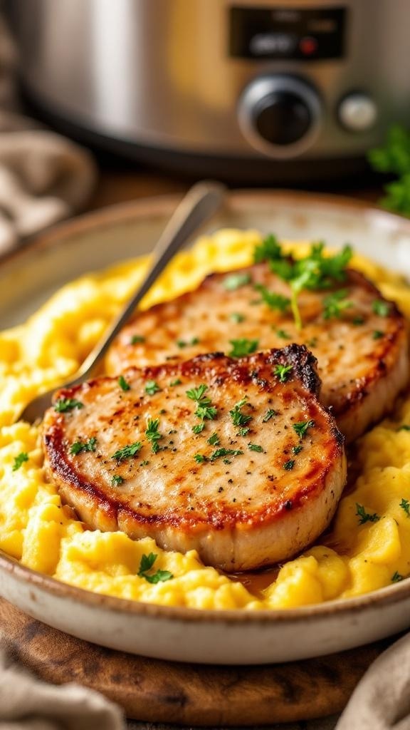 Herb-infused slow cooker pork chops served on creamy mashed potatoes, garnished with parsley.