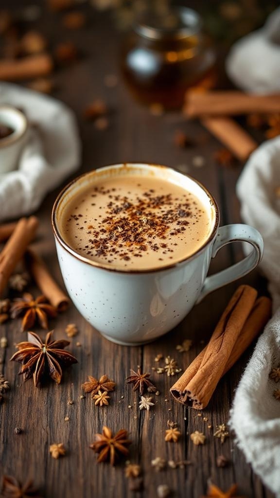 A cozy herbal chai latte with spices on a wooden table