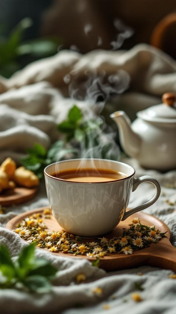 A steaming cup of herbal detox tea surrounded by fresh herbs and flowers.
