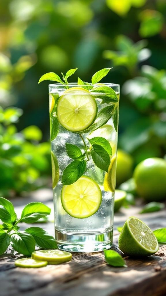 A refreshing glass of basil and lime detox water garnished with fresh herbs and lime slices.