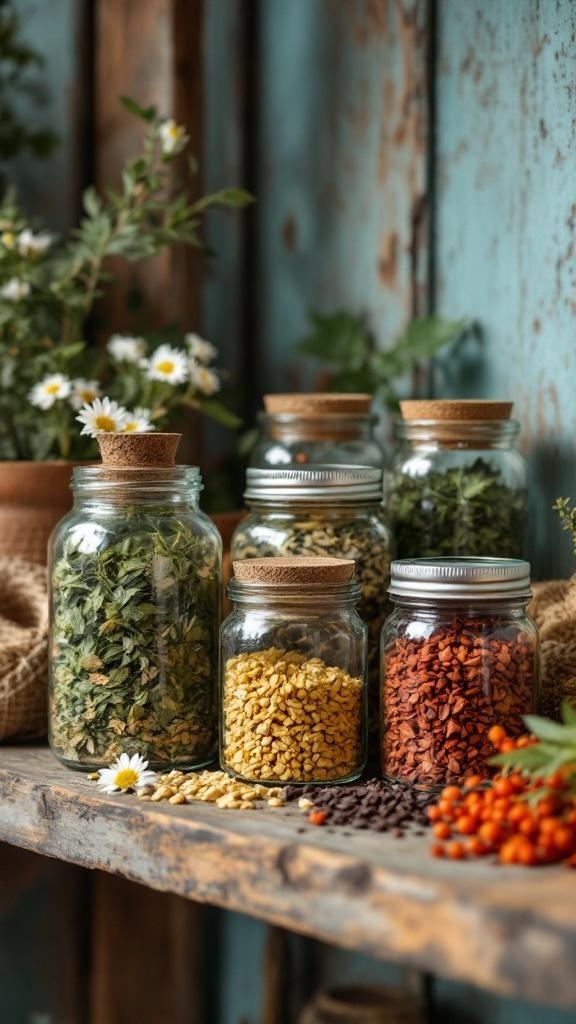 A collection of jars filled with various herbs and seeds on a wooden shelf, with flowers in the background.