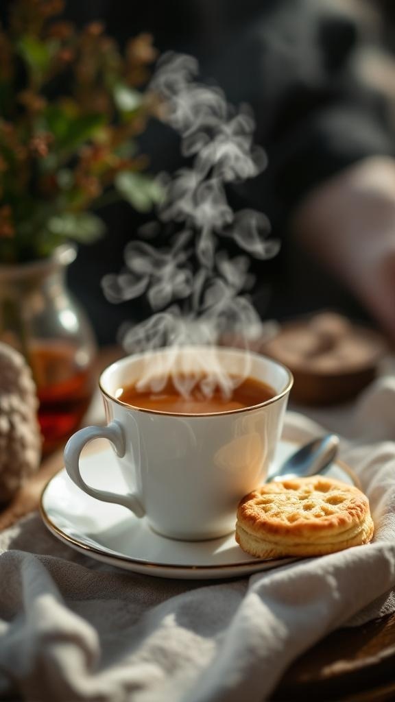 A steaming cup of herbal tea next to a biscuit on a cozy table setting.