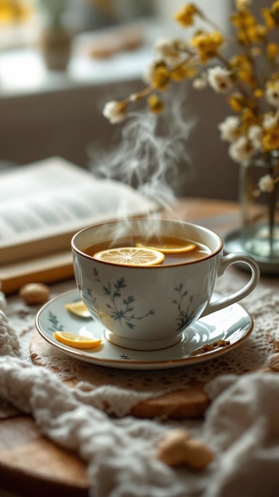 A steaming cup of herbal tea with lemon slices, placed on a wooden table with a cozy setting.