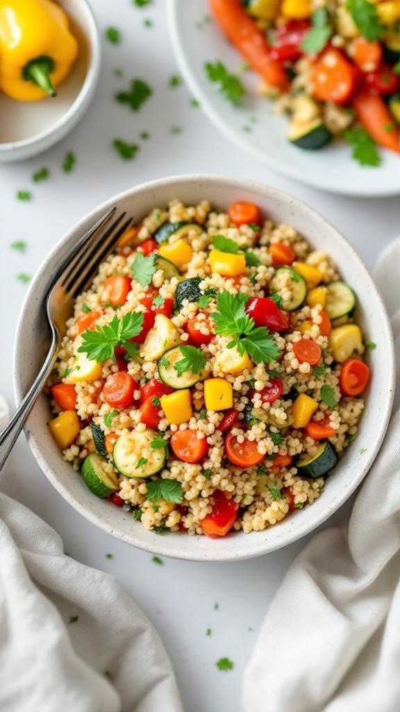 A bowl of herbed quinoa with roasted vegetables, featuring colorful diced zucchini, bell peppers, and cherry tomatoes, garnished with fresh parsley.