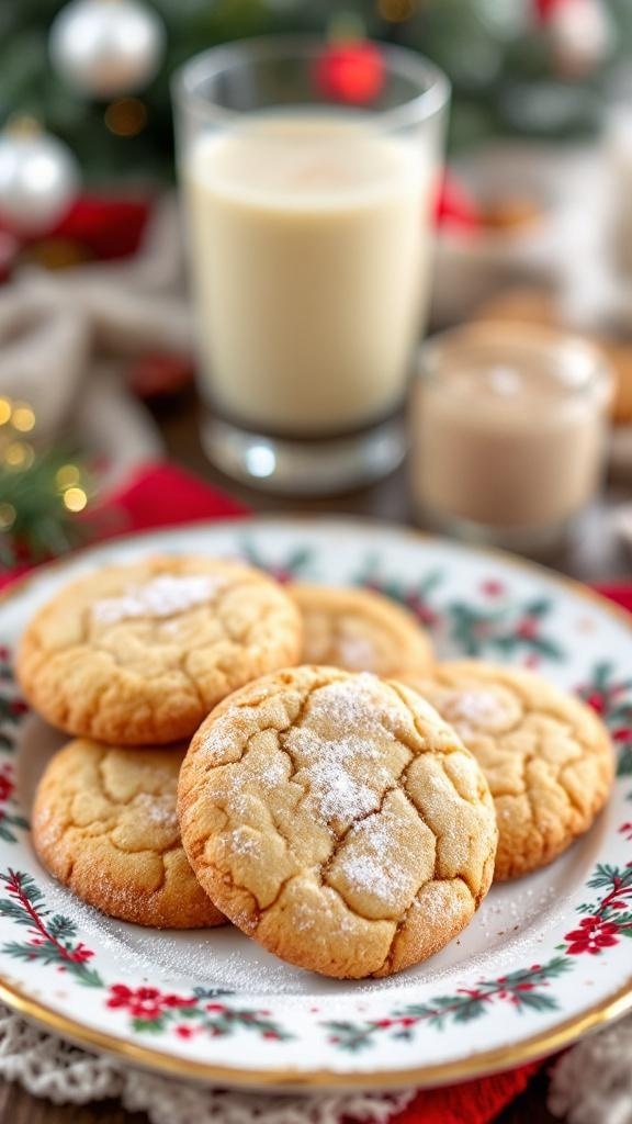 A plate of Eggnog Snickerdoodles cookies with a glass of eggnog in the background, decorated for the holidays.