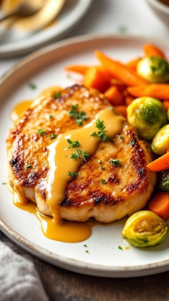 Honey mustard glazed pork chop with vegetables on a plate.