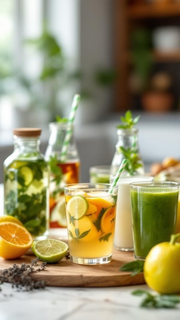 A variety of hydrating beverages including infused waters, a green smoothie, and citrus fruits on a wooden board.
