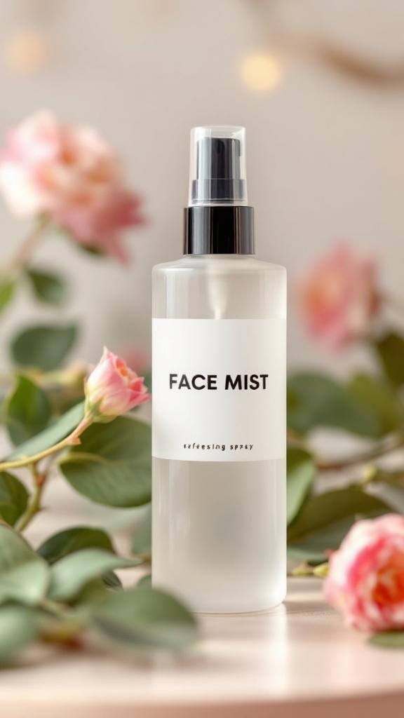 A clear spray bottle surrounded by pink and white flowers, symbolizing freshness and hydration.