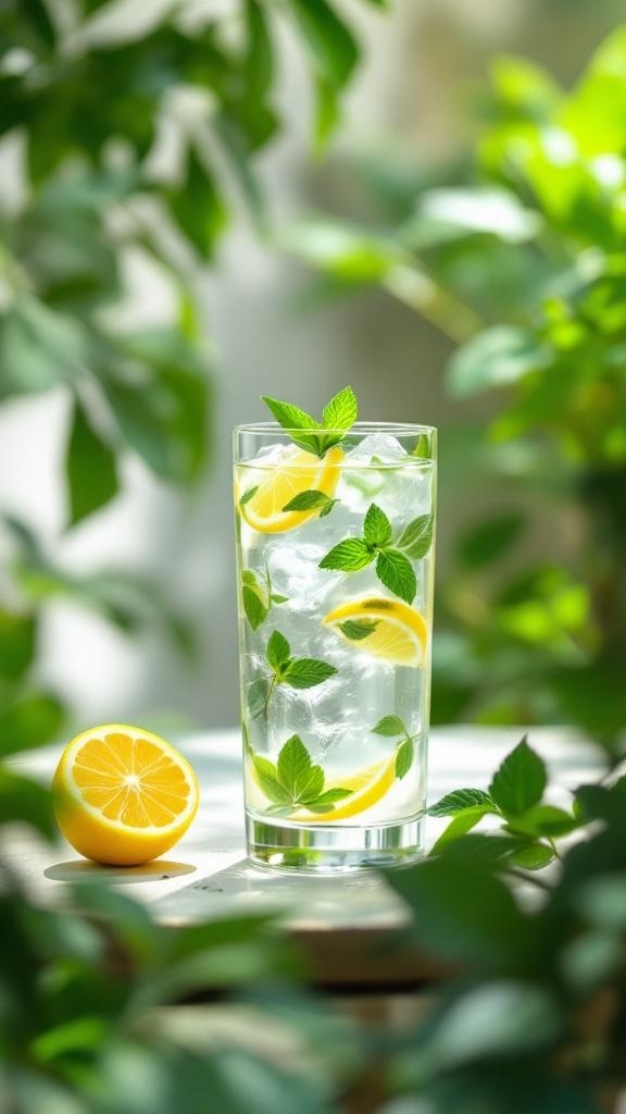 A refreshing glass of lemon mint water surrounded by green leaves.