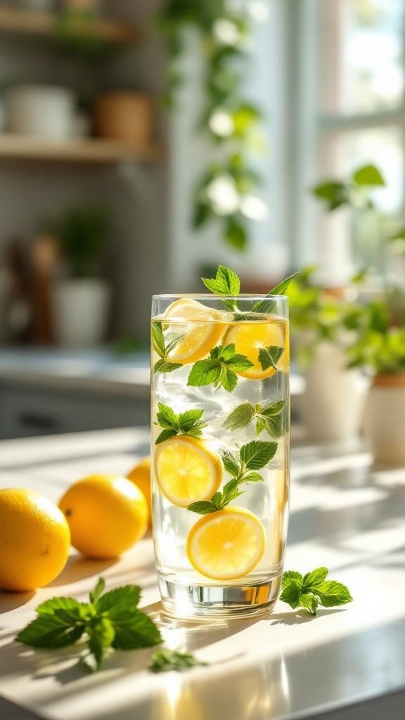 A glass of lemon and mint-infused water with fresh lemons in the background.