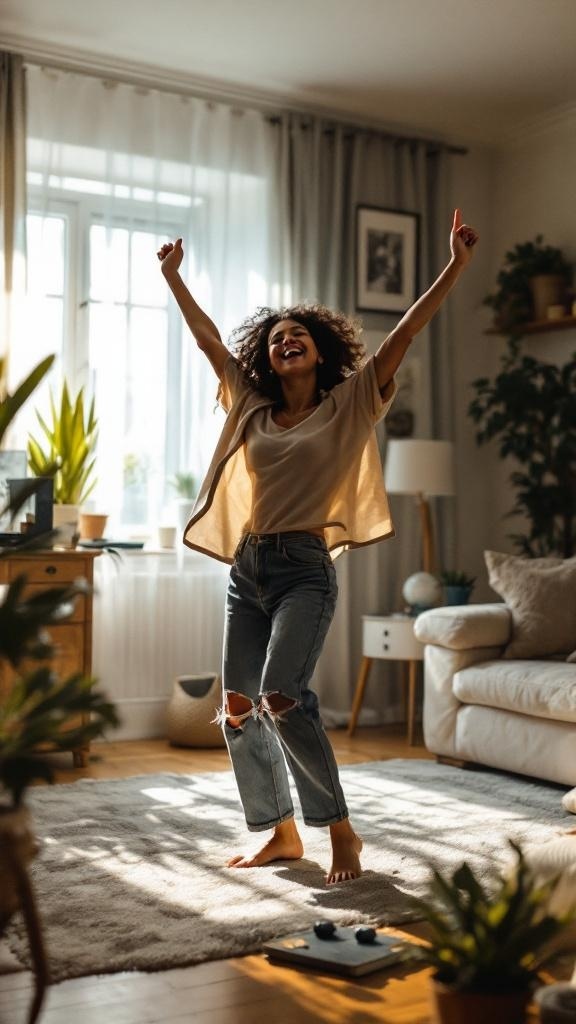 A person dancing joyfully in a living room with sunlight streaming through the windows.