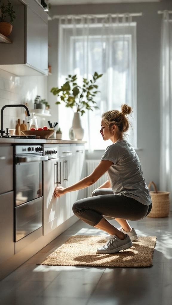 A person squatting in a kitchen while reaching for a cabinet.