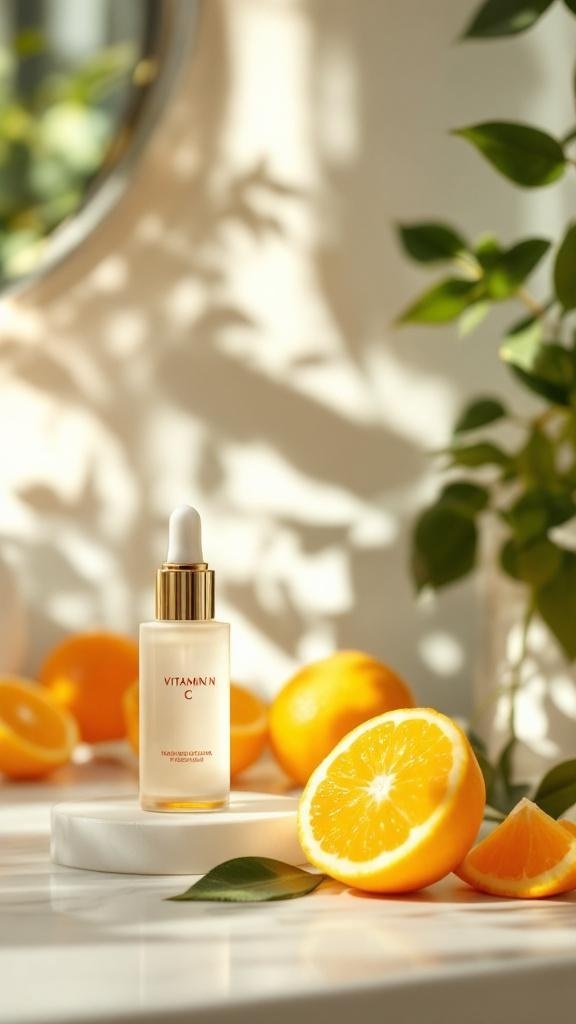 A bottle of Vitamin C serum surrounded by fresh oranges, showcasing a bright and refreshing skincare product.