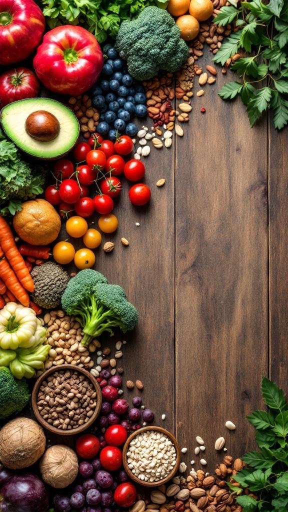 An assortment of fresh fruits, vegetables, nuts, and seeds arranged on a wooden surface.