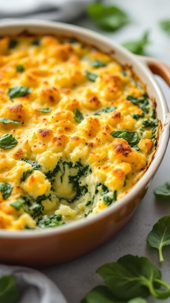 A creamy cauliflower and spinach bake with a golden top and green spinach visible.
