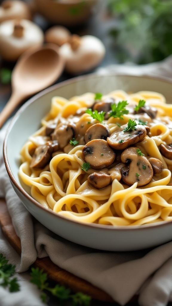 A bowl of creamy vegan mushroom stroganoff with fettuccine and garnished with parsley.