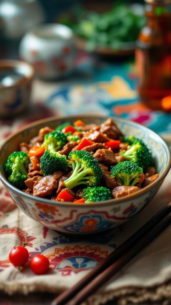 A colorful bowl of beef and broccoli stir-fry with vibrant vegetables.