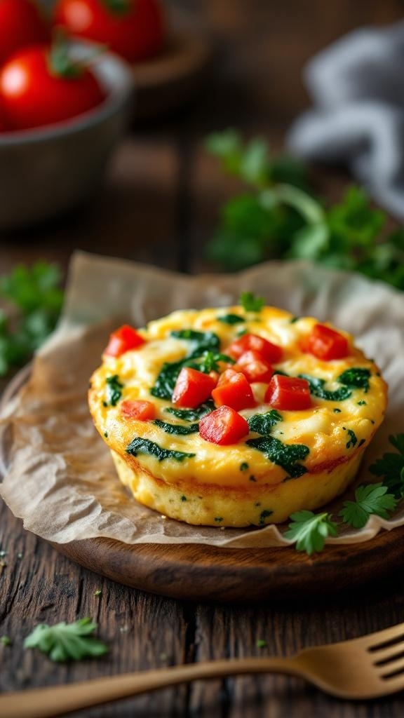 A delicious egg muffin topped with tomatoes and spinach on a wooden plate.