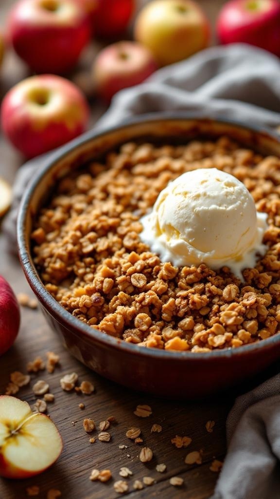 A warm apple crisp topped with vanilla ice cream, surrounded by fresh apples.