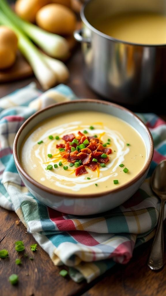 A bowl of creamy potato leek soup topped with bacon and chives, with fresh ingredients in the background.