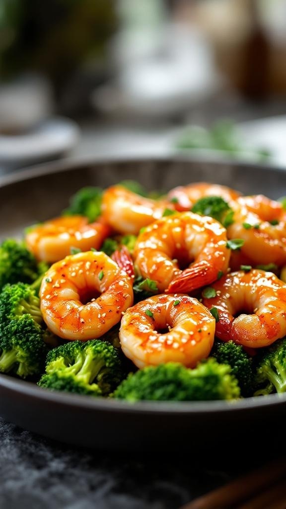 A bowl of honey garlic shrimp served on a bed of broccoli, showcasing a delicious and healthy meal.