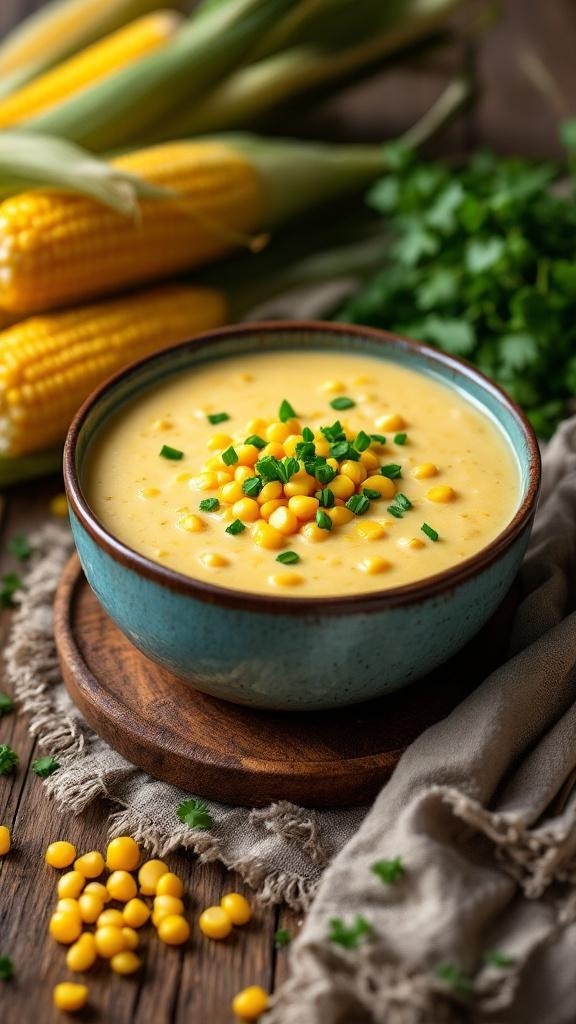 A bowl of creamy corn chowder topped with corn kernels and chives, surrounded by fresh corn on the cob.