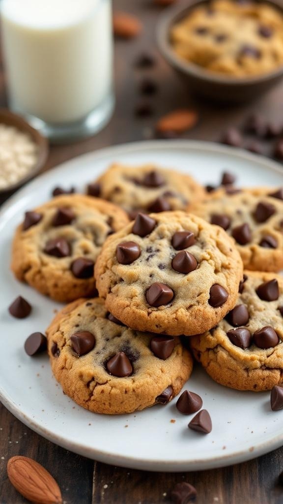 A plate of vegan chocolate chip cookies with chocolate chips on top, accompanied by a glass of milk.
