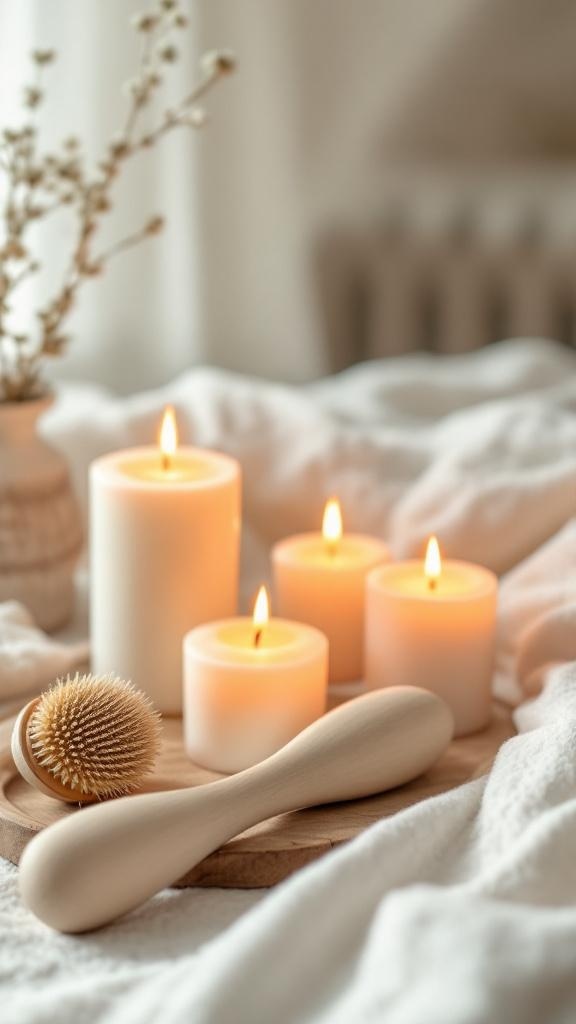 A cozy self-care setup with candles, a dry brush, and a soft blanket.