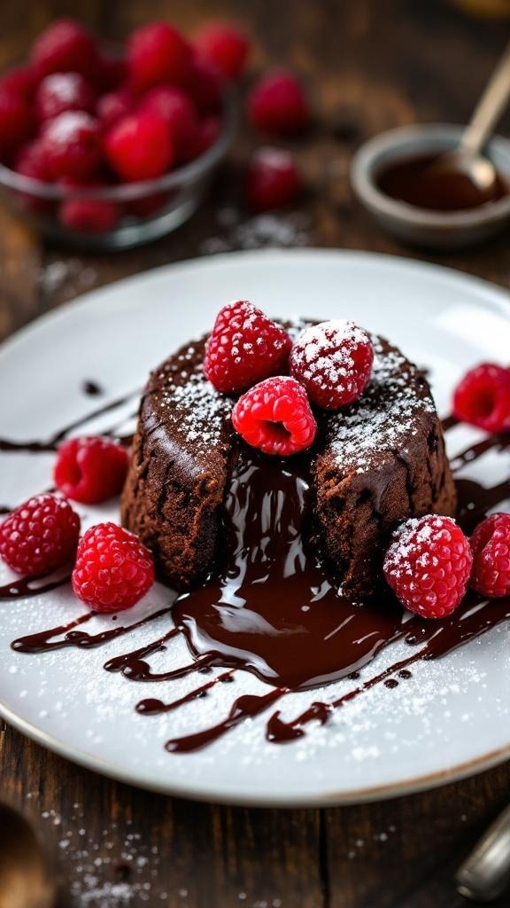 A delicious gluten-free chocolate lava cake topped with fresh raspberries and powdered sugar, oozing chocolate from the center.