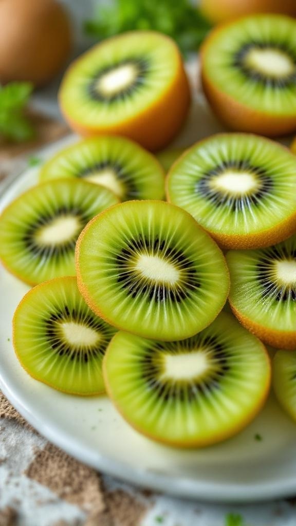 A plate of sliced kiwi fruit with a scenic background at dusk
