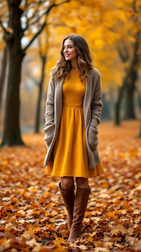 A woman wearing a yellow dress and a cozy cardigan, standing in a fall landscape with golden leaves.