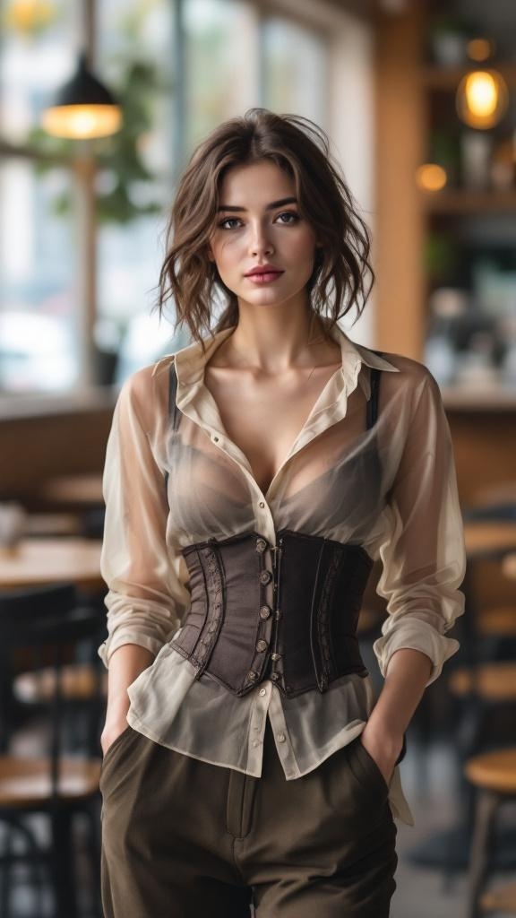 A model wearing a sheer shirt layered over a corset top, showcasing a stylish outfit.