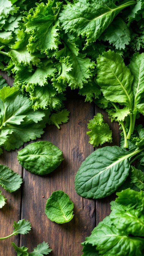 A variety of leafy greens on a wooden surface